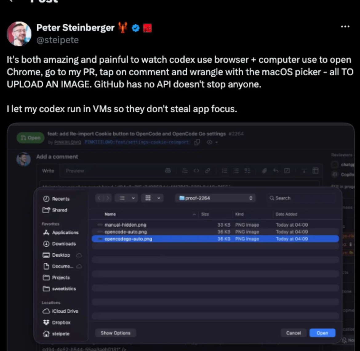 Peter Steinberger's tweet: watching codex use browser + computer use to fight the macOS picker, all to upload an image to GitHub